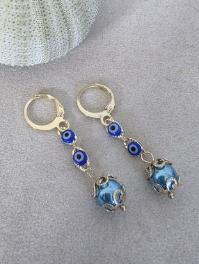 Gold Filled Evil Eye Drop Earrings | Blue Pearl & Filigree Accents Protection